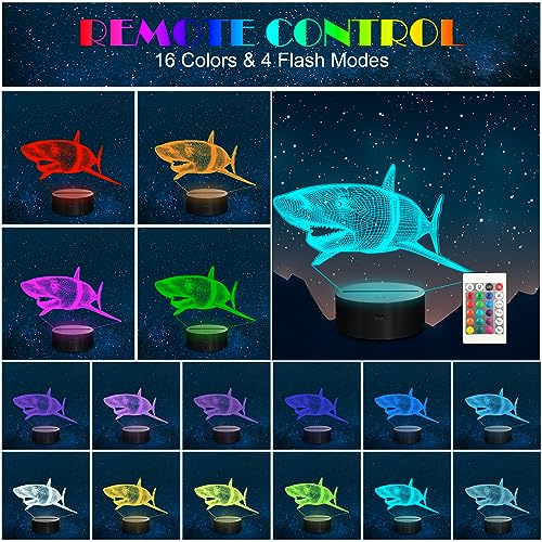3D Shark Lamps Ocean Animal 3D Illusion Nightlights Led Timer Desk Dimmable Table Shark16 Color Changing Lights with Remote Control for Kids Boys Girls Children Holiday Birthday Xmas Gift