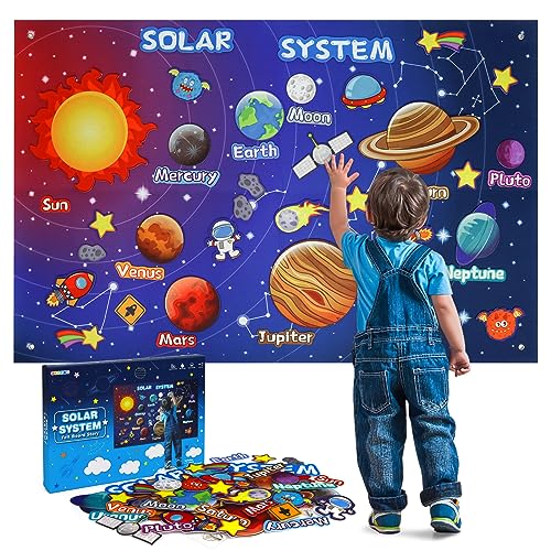 OKOOKO Solar System Felt Board Story Set 41 Pieces 43x29inch Flannel Non-Toxic Hangable with Hooks Preschool Crafts Universe Storytelling Early Learning Interactive Play Kit for Toddlers Kids