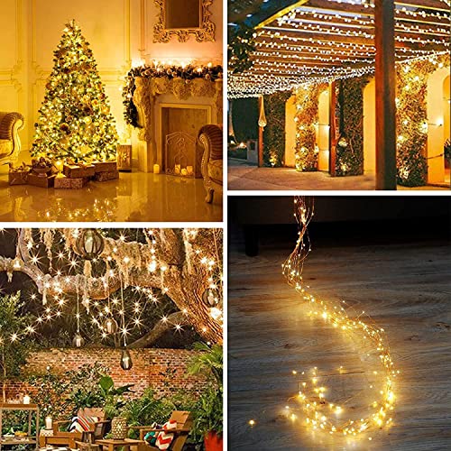 Solar String Lights Outdoor, HF 12M 200 LED Solar Powered Fairy Light with 8 Lighting Modes, Waterproof Copper Wire Tree Lights Lights for Christmas Party Decoration (Warm White-1 Pack)