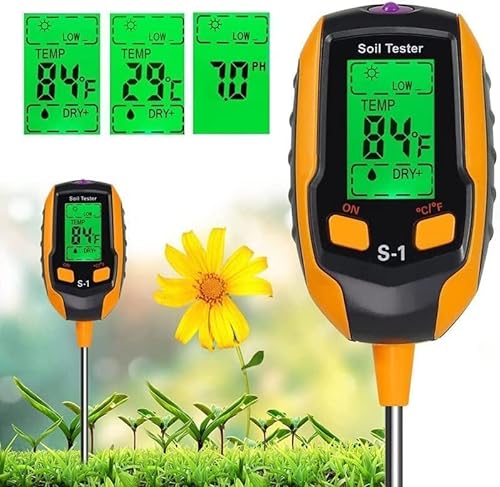 Soil Moisture Meter, 4-in-1 Soil PH Meter, Soil Tester, Digital Soil PH Tester with Light/PH/Temperature, Plant Thermometer Test for Gardening, Lawn, Farming, Indoor & Outdoor Plants