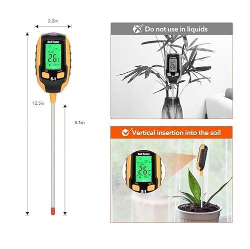 Ausale 4-in-1 Soil Moisture Meter, Soil PH Meter, Digital Plant Temperature, Sunlight Intensity, LCD Display Soil Test Meter for Garden, Farm, Lawn Plants