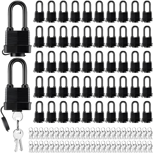 Hicarer 50 Pack Waterproof Padlocks Keyed Alike Wide Long Padlock Weatherproof Pad Locks with Keys 1-9/16 Inch Outdoor Padlocks for Home, Garden, Garage, Gate Security