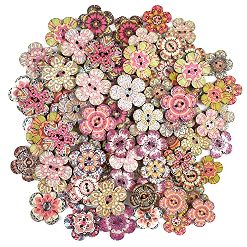 100 Pcs Wooden Buttons Colorful Retro Resin Buttons Flower Crafting Buttons Wood Sewing Button Kids Doll Mixed Buttons with 2 Holes for Arts Craft Knitting Sewing DIY Decoration 20mm 24mm