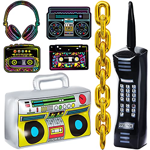 26 Pieces 80s 90s Decorations Inflatable Radio Boombox Inflatable Mobile Phone Gold Inflatable Foil Chain Balloons 80s 90s Props Retro Cassette Headphones Player Cutouts for Hip Hop Party Decoration