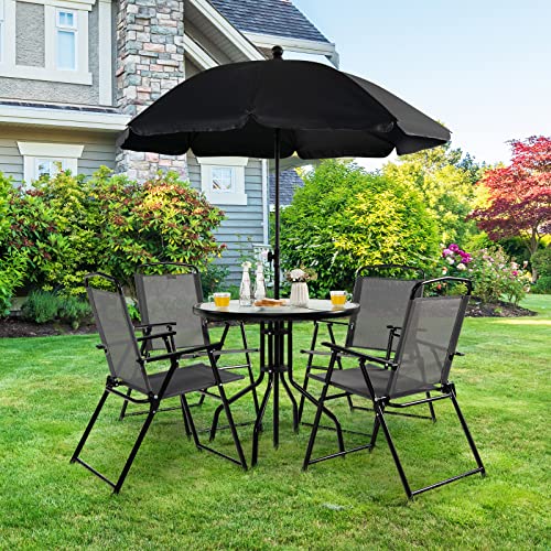 Costway 6 PCS Patio Dining Set Folding Chairs Glass Table Tilt Umbrella Garden (Grey)