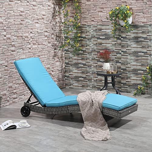 Outsunny Wicker Chaise Lounge, Outdoor Lounge Chair, 5-Level Adjustable Backrest S-Shape Rattan Lounger with Cushion & Wheels for Patio, Deck, Poolside, Sky Blue