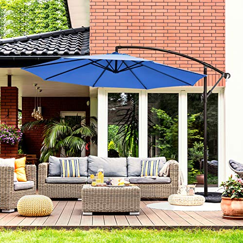 Tangkula 10FT Patio Offset Umbrella, Outdoor Cantilever Umbrella with Easy Tilt Adjustment & 8 Ribs, Hanging Market Umbrella with Crank & Cross Base for Garden, Backyard, Deck, Poolside (Blue)