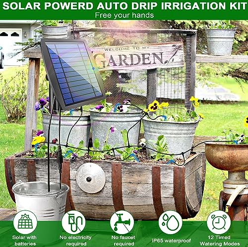 12 Timer Modes Solar Drip Irrigation System - Auto Drip Irrigation Kits with Anti-Siphon Supports 20-30 Pots, Solar Powered Garden Watering System for Indoor & Outdoor Plants, 3W, 65.6 FT