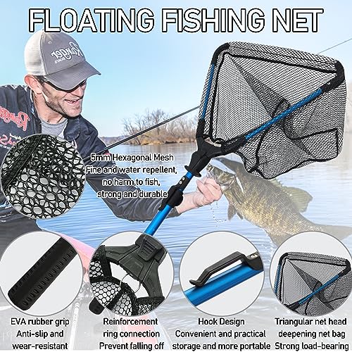 Uandhome Fishing Net, Foldable Collapsible Telescopic Fish Landing Net Rubber Coated Floating Fishing Net for Steelhead, Salmon, Fly, Kayak, Catfish, Bass, Trout Fishing, Extend to 73-92CM