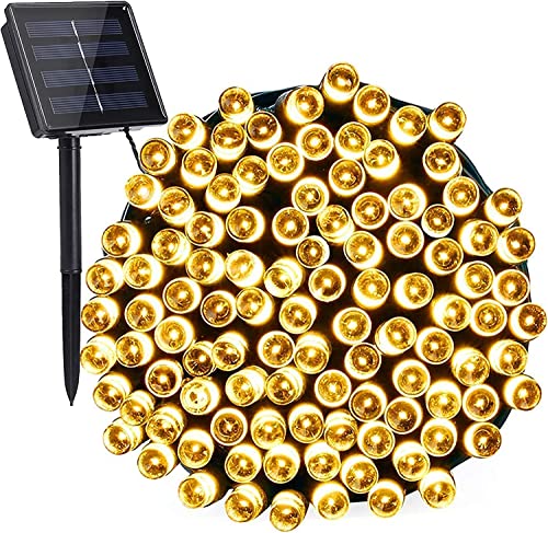 Solar Christmas Lights Outdoor 100 LED 12M/39ft 8 Modes Solar Powered Xmas Outdoor Lights Waterproof Starry Christmas Fairy Lights for Indoor Gardens Homes Wedding Holiday Party (Warm White)