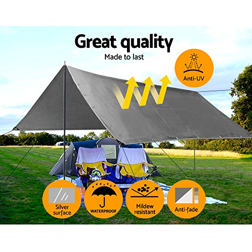 Instahut Tarp, 3.6 x 6m Canvas Tarps Beach Shade Heavy Duty Camping Tent Tarpaulin Shelter Boat Cover for Outdoor Travel Garden Car Camp Hiking, High Density 180gsm UV Resistant Silver Black