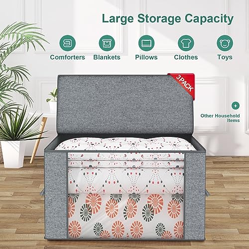 Ufurniture 75L Under Bed Storage Bag,3Pcs Foldable Underbed Storage Organizer Containers with Clear Window, Reinforced Handles,Zippers