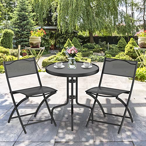 Costway 3-Piece Patio Bistro Set, Outdoor Bistro Table Set with Round Black Tempered Glass Tabletop and 2 Folding Chairs, Outdoor Dining Set for Indoor/Outdoor, Black