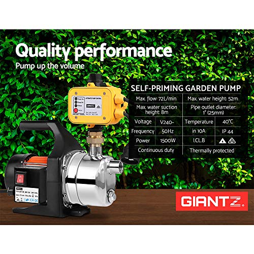 Giantz Water Pump, 1500W 240V Electric High Pressure Garden Pumps Controller Irrigation for Pool Pond Tank Home Farm, Portable Automatic Switch Anti-rust Stainless Steel Body Yellow