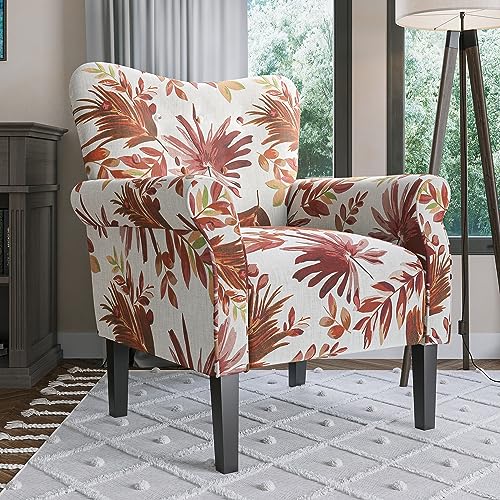 BELLEZE Modern Accent Chair Armchair for Living Room or Bedroom with Wooden Legs, High Back Rest, Padded Armrest, and Comfortable Cushioned Seat - Allston (Red Floral)