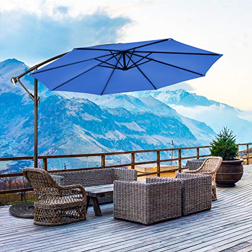 Tangkula 10FT Patio Offset Umbrella, Outdoor Cantilever Umbrella with Easy Tilt Adjustment & 8 Ribs, Hanging Market Umbrella with Crank & Cross Base for Garden, Backyard, Deck, Poolside (Blue)