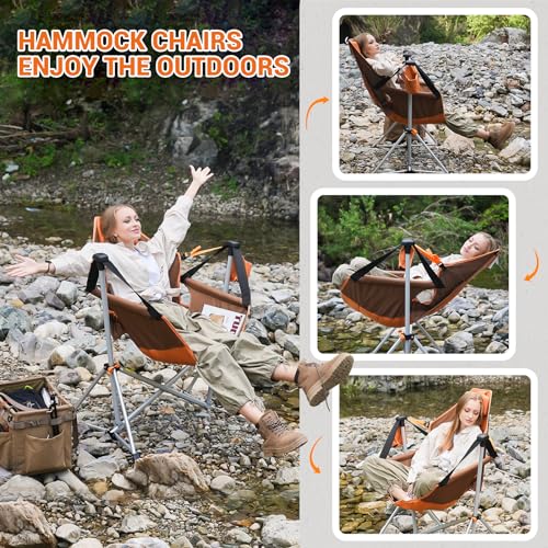 KingCamp Hammock Camping Chair Swinging Rocking Chair for Adults Portable Folding Chair Hold Up to 264 lbs Carrying Bag Cup Holder for Lawn Beach Camp Outside(Brown/2-pack)