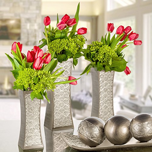 (Brushed Silver) - Dublin Decorative Tray and Orbs/Balls Set of 3, Centrepiece Bowl with Balls decorations Matching, Rustic Decorated Spheres Kit for Living Room or Dining/Coffee Table, Gift Boxed (Brushed Silver)