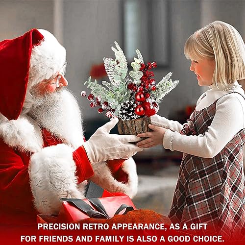 Small Christmas Tree Tabletop Artificial Mini Christmas Tree Decorations with Holiday Ornaments Red Berry Pine Cone Greenery for Home Indoor Fireplace Mantel Xmas Decor (Tree Stump-Red)