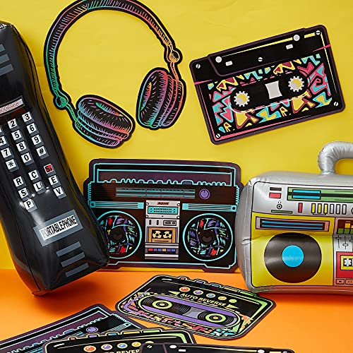 26 Pieces 80s 90s Decorations Inflatable Radio Boombox Inflatable Mobile Phone Gold Inflatable Foil Chain Balloons 80s 90s Props Retro Cassette Headphones Player Cutouts for Hip Hop Party Decoration