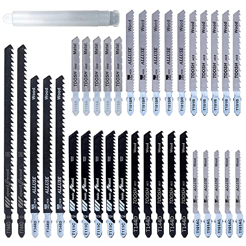 35Pcs Jig Saw Blade Set T-Shank Fast Cut Down Jigsaw Blade Jig High Carbon Steel Assorted Blades Saw Cutting Tool for Thin Metal Wood Plastic Cutting Compatible with Most Jig Saw