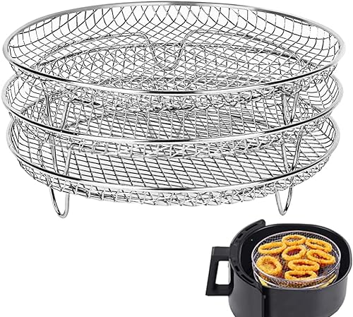 Air Fryer Racks for Ninja Dual Air Fryer, 3-Layer Stackable Dehydrator Racks Stainless Steel Air Fryer Basket Air Fryer Accessories Fit for 7.5L-8L Air Fryer (Round)