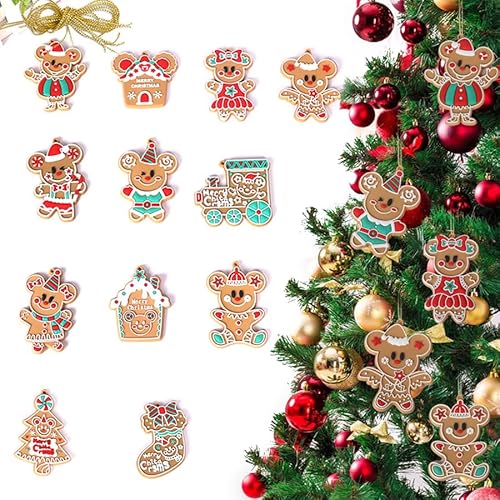 12pcs Christmas Ornaments Gingerbread Man Xmas Tree Decorations Christmas Stocking Plastic Figurines Ornaments with Sugar Cookie House for Christmas Tree Hanging Party Ornaments DIY Decor 7.5cm Tall