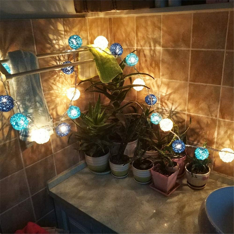1 Set of Blue n White 5cm Rattan Cane 50 Ball Battery Powered LONG 5m String Lights Christmas Gift Home Wedding Party Bedroom Decoration Table Centrepiece