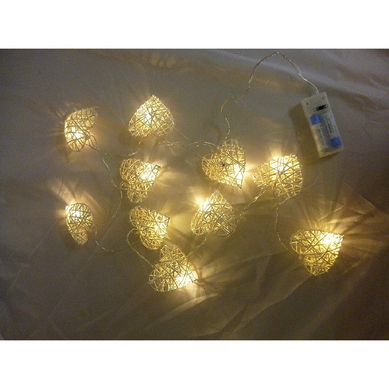 20 White 3D Hollowed Rattan Heart-Shaped 3M String Fairy Lights, Battery (AA) Indoor & Outdoor Decorations Wedding Valentines Romantic Room Table Lighting