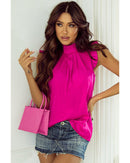 Bright Pink Pleated Mock Neck Frilled Trim Sleeveless Top - L