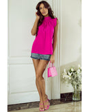 Bright Pink Pleated Mock Neck Frilled Trim Sleeveless Top - L