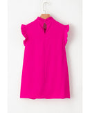 Bright Pink Pleated Mock Neck Frilled Trim Sleeveless Top - L