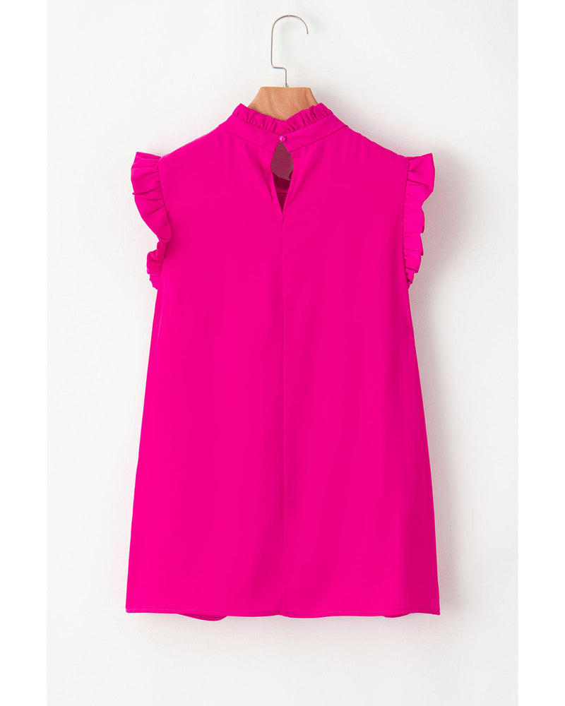 Bright Pink Pleated Mock Neck Frilled Trim Sleeveless Top - L