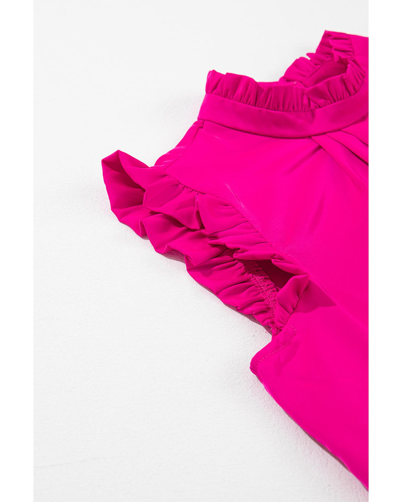 Bright Pink Pleated Mock Neck Frilled Trim Sleeveless Top - L