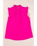 Bright Pink Pleated Mock Neck Frilled Trim Sleeveless Top - L