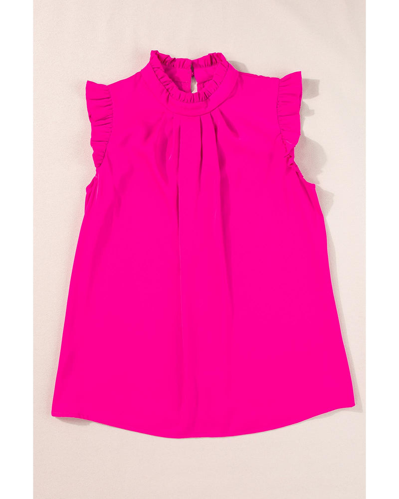 Bright Pink Pleated Mock Neck Frilled Trim Sleeveless Top - L