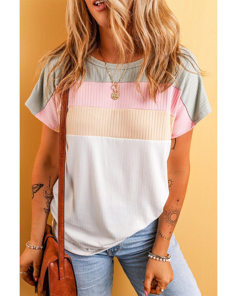 White Ribbed Color Block Patchwork T-shirt - XL