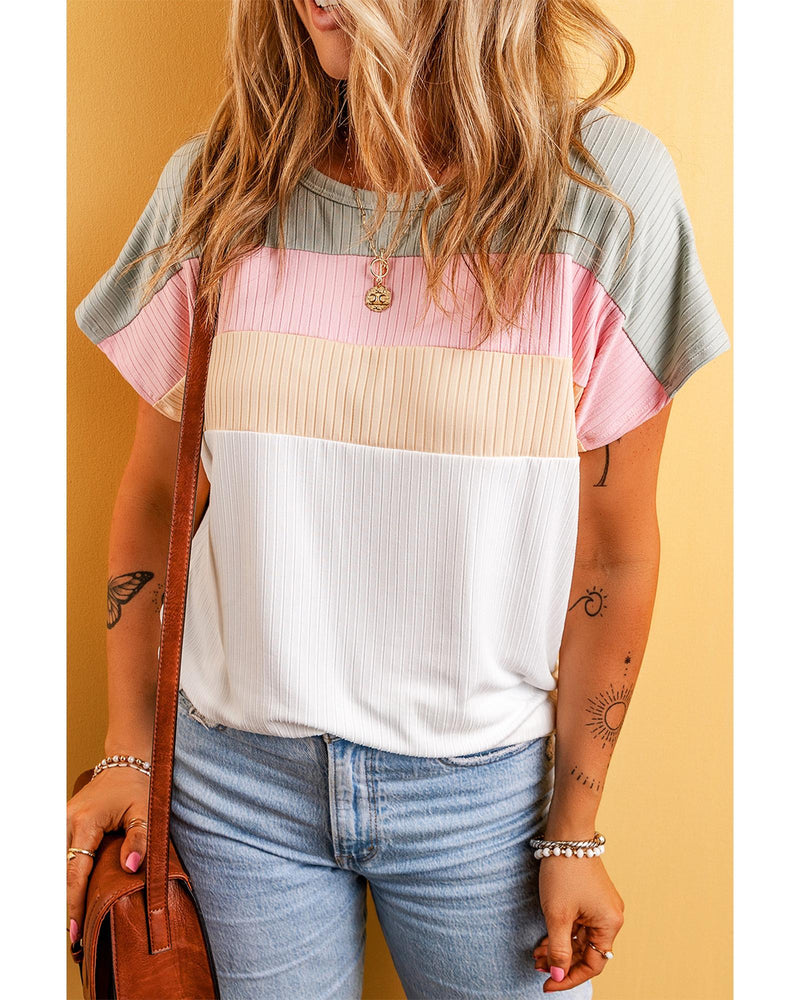 White Ribbed Color Block Patchwork T-shirt - XL