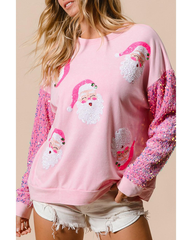 Pink Sequined Santa Claus Long Sleeve Christmas Sweatshirt - L