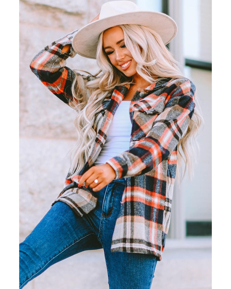Azura Exchange Khaki Geometric Plaid Print Pocketed Shacket - L