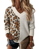 Leopard Color Block V Neck Drop Shoulder Knit Sweater - M