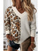 Leopard Color Block V Neck Drop Shoulder Knit Sweater - M