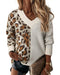 Leopard Color Block V Neck Drop Shoulder Knit Sweater - M