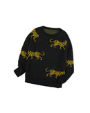 Black Cheetah Pattern Knit Round Neck Sweater - L