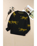 Black Cheetah Pattern Knit Round Neck Sweater - L