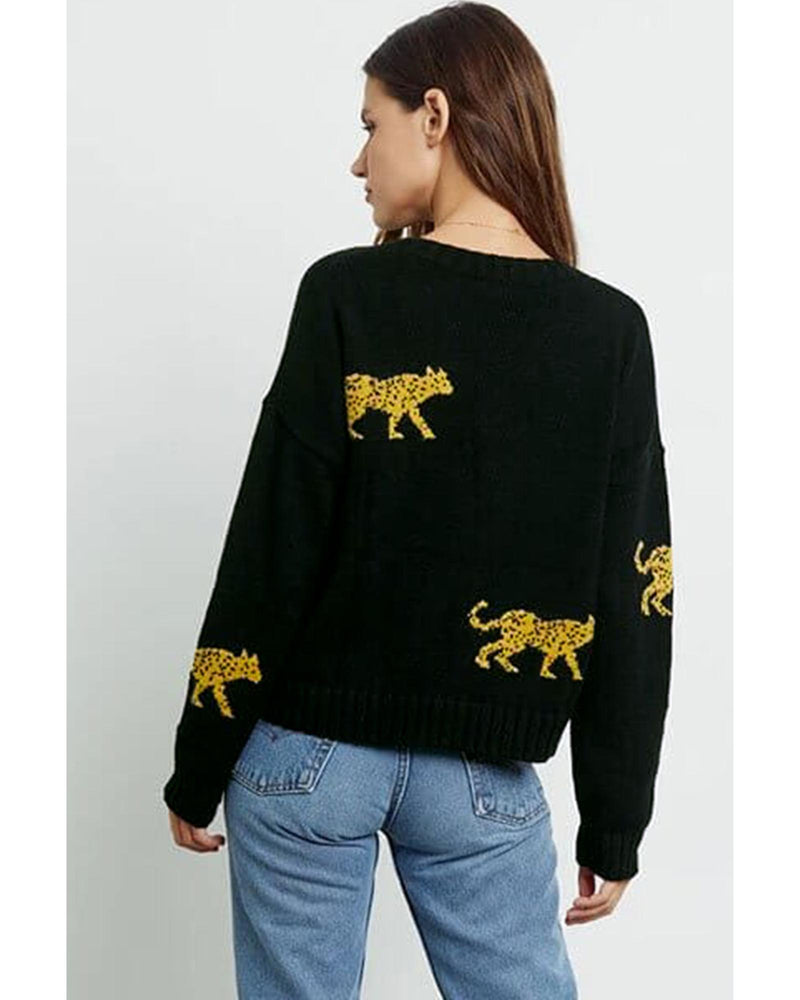 Black Cheetah Pattern Knit Round Neck Sweater - XL