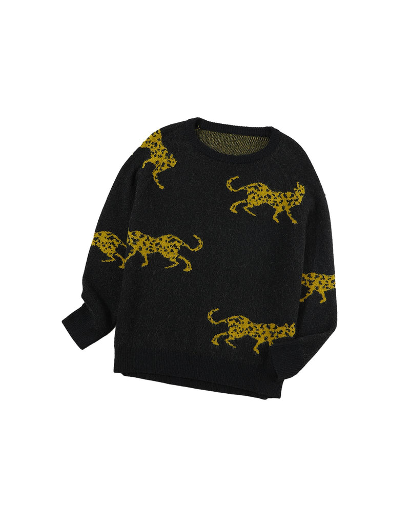 Black Cheetah Pattern Knit Round Neck Sweater - XL