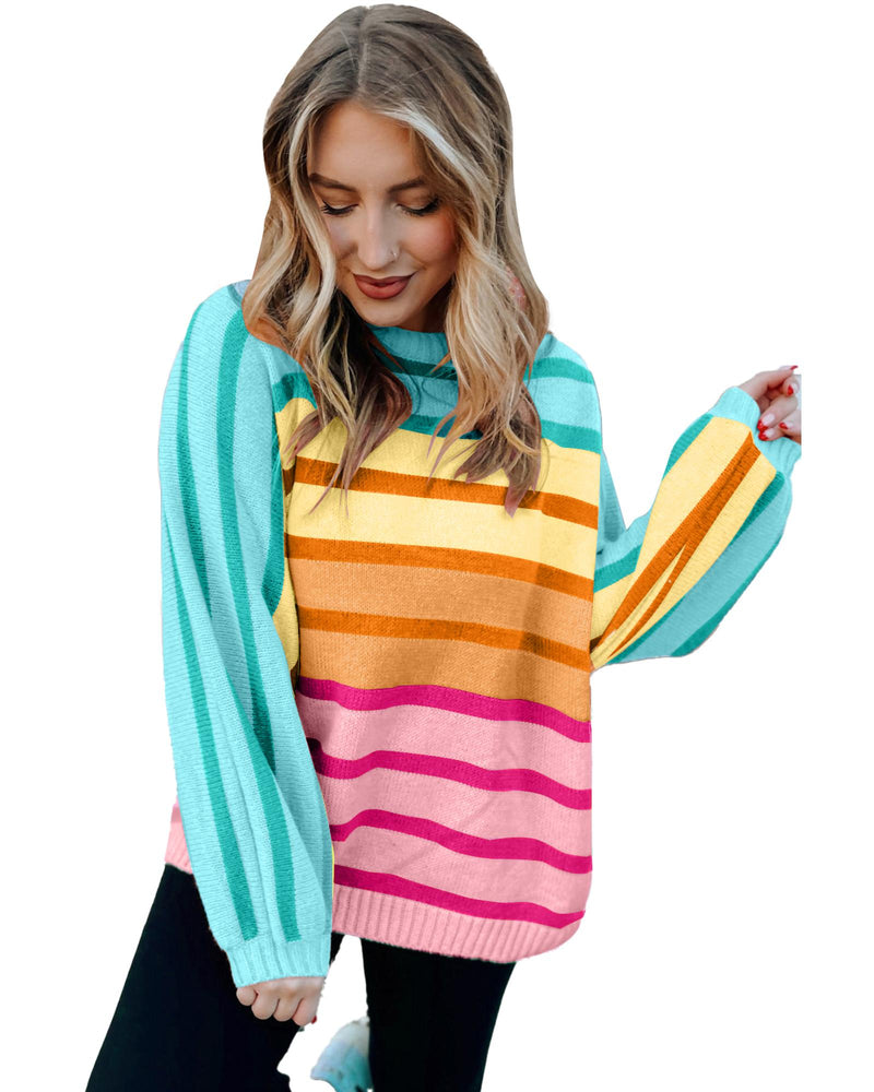 Yellow Stripe Gradient Striped Ribbed Edge Loose Sweater - S