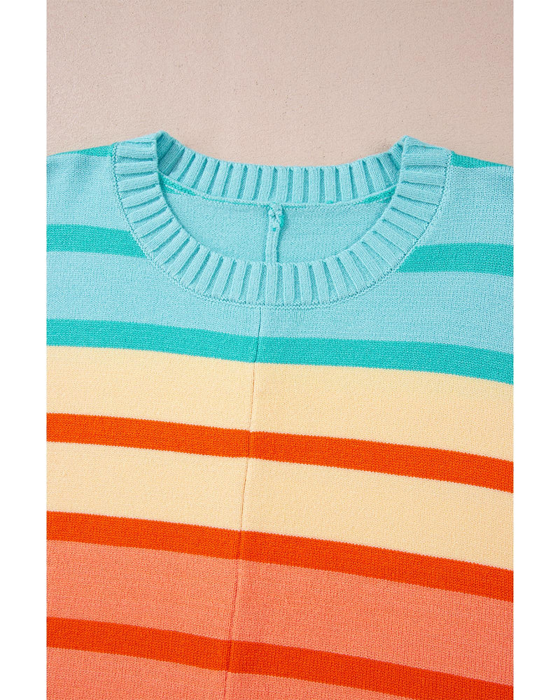 Yellow Stripe Gradient Striped Ribbed Edge Loose Sweater - S