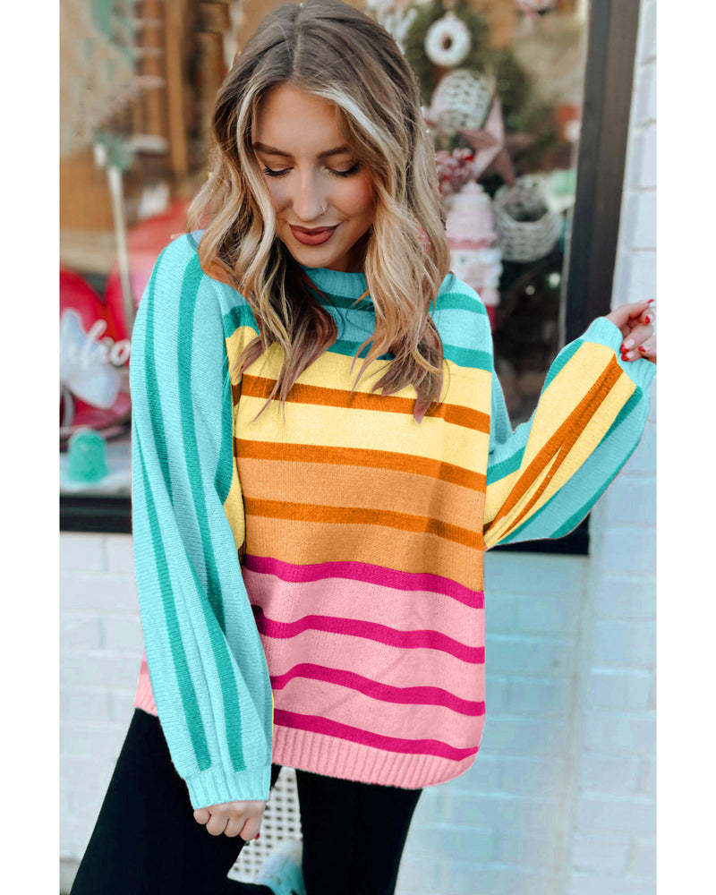 Yellow Stripe Gradient Striped Ribbed Edge Loose Sweater - S